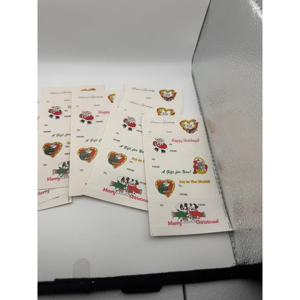 Vintage Christmas Gift Tag Sticker Sheets Santa Puppies Holiday Labels 7 Sheets